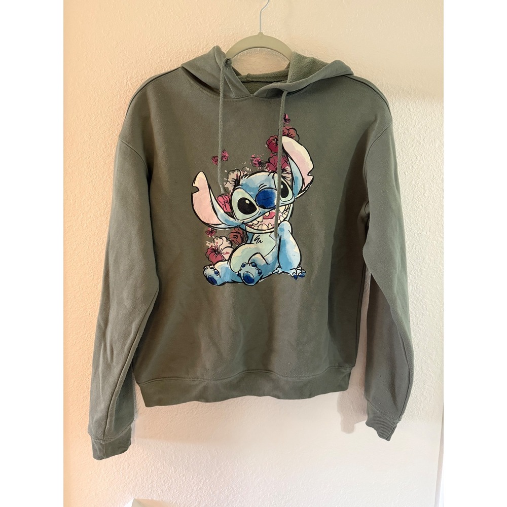 Disney Stitch Hoodie Olive Green Floral Graphic Womens Size Small S